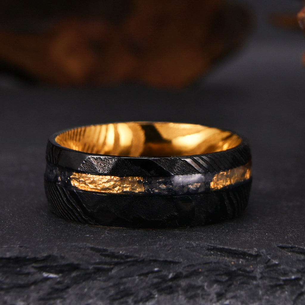 Luxury 8mm Damascus Steel Ring – Two-Tone Black & Gold Men’s Statement Jewelry