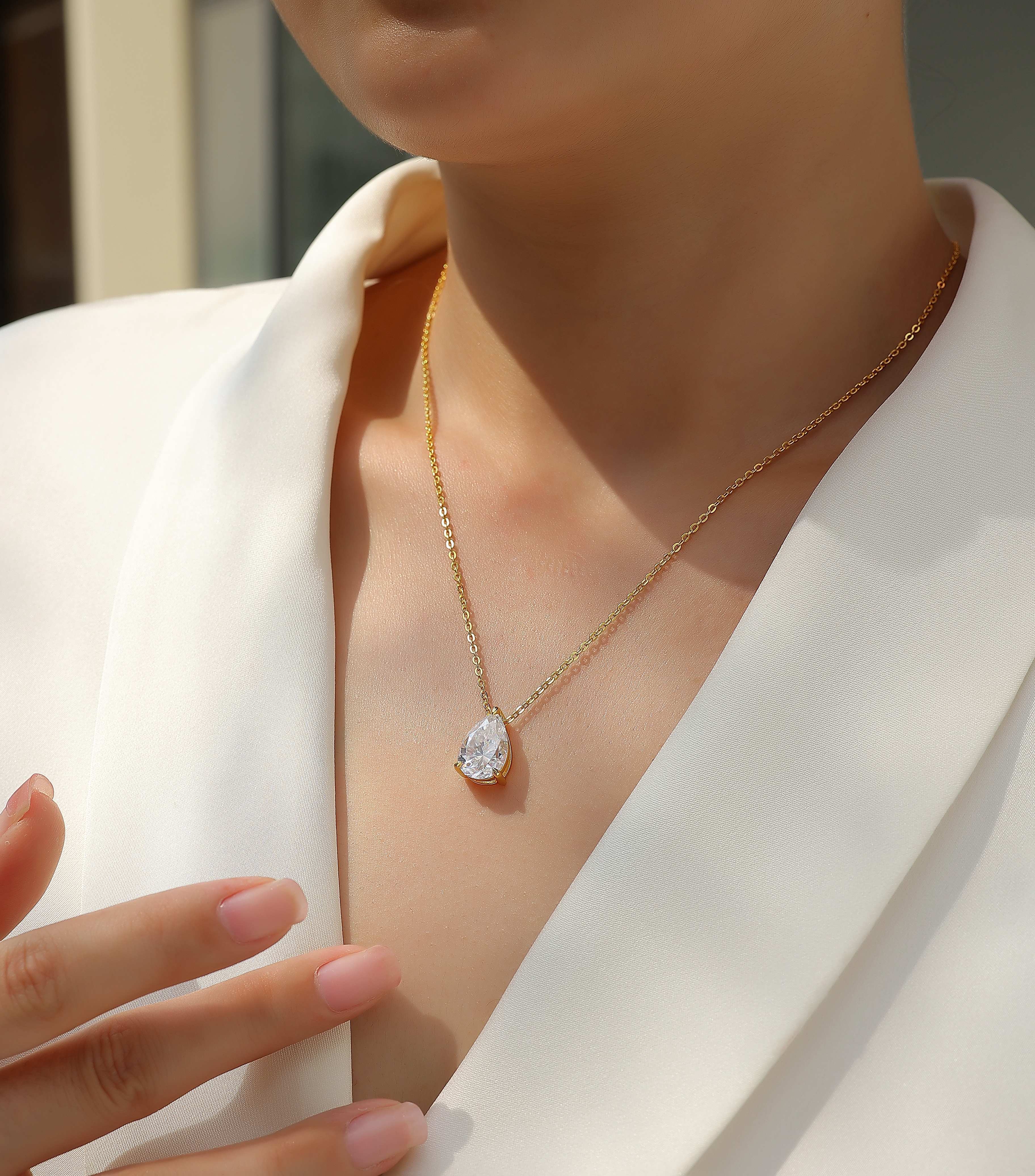 “Under the Moon” – Elegant Pear Cut Moissanite Pendant Necklace in S925 Sterling Silver & Gold Plating