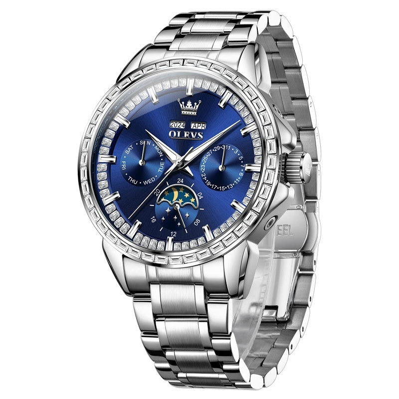 Luxury Blue Dial Diamond-Embedded Automatic Watch – Moon Phase Multifunction Mechanical