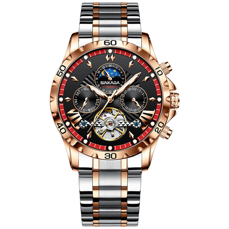 Luxury Rose Gold Automatic Skeleton Chronograph Watch – Waterproof Multi-Function Design
