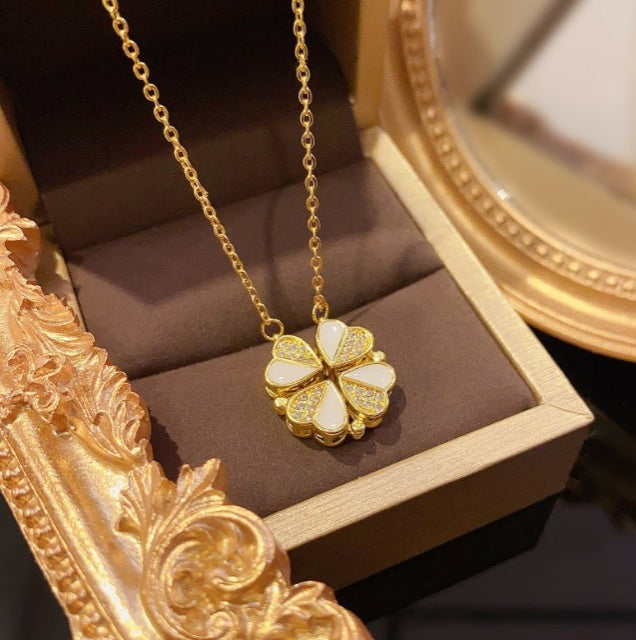 Luxury Four-Leaf Clover Pendant Necklace – Stainless Steel & Crystal Heart Jewelry for Women