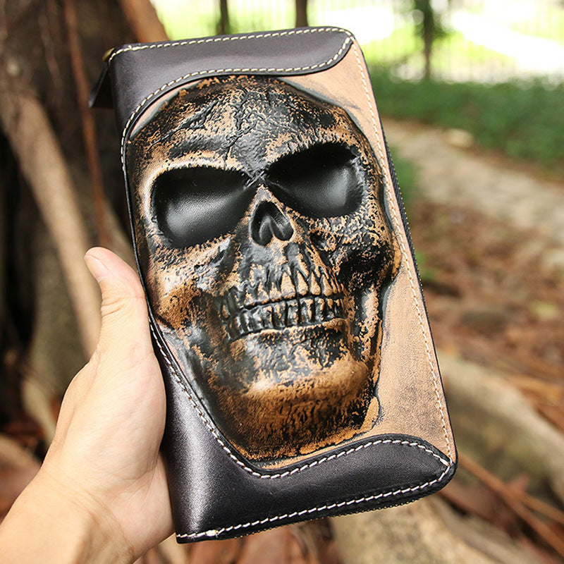 Cowhide Skull Leather Wallet – Men’s Gothic Zipper Clutch