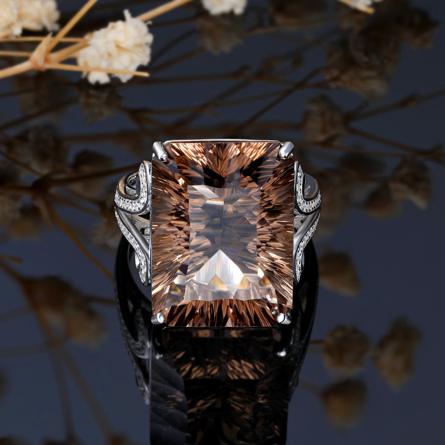 Luxury Natural Tea Crystal Ring – 925 Sterling Silver Geometric Smoky Gemstone Design