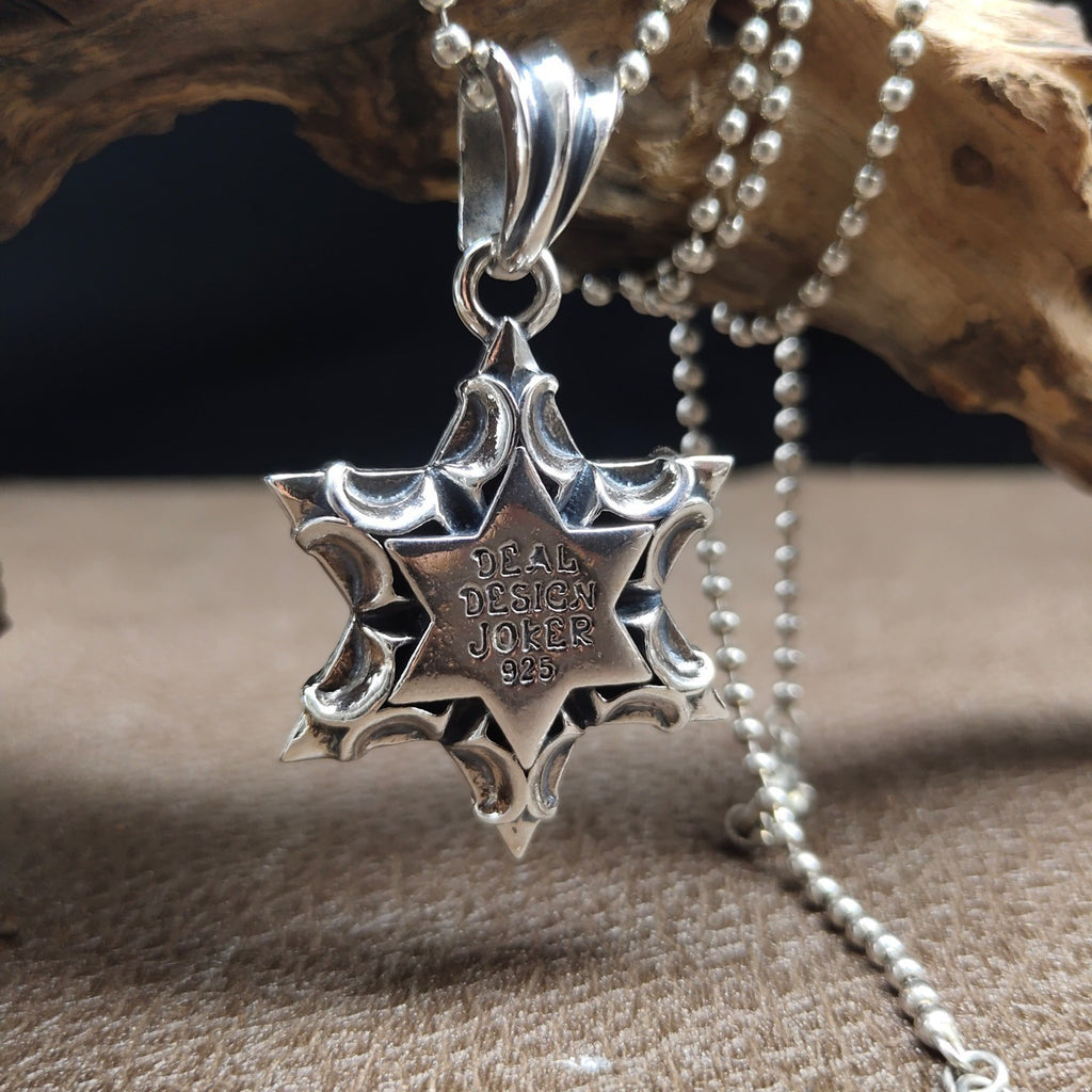Gothic Six Star Pendant – Luxury Dark Silver Necklace | T&P Dark Line