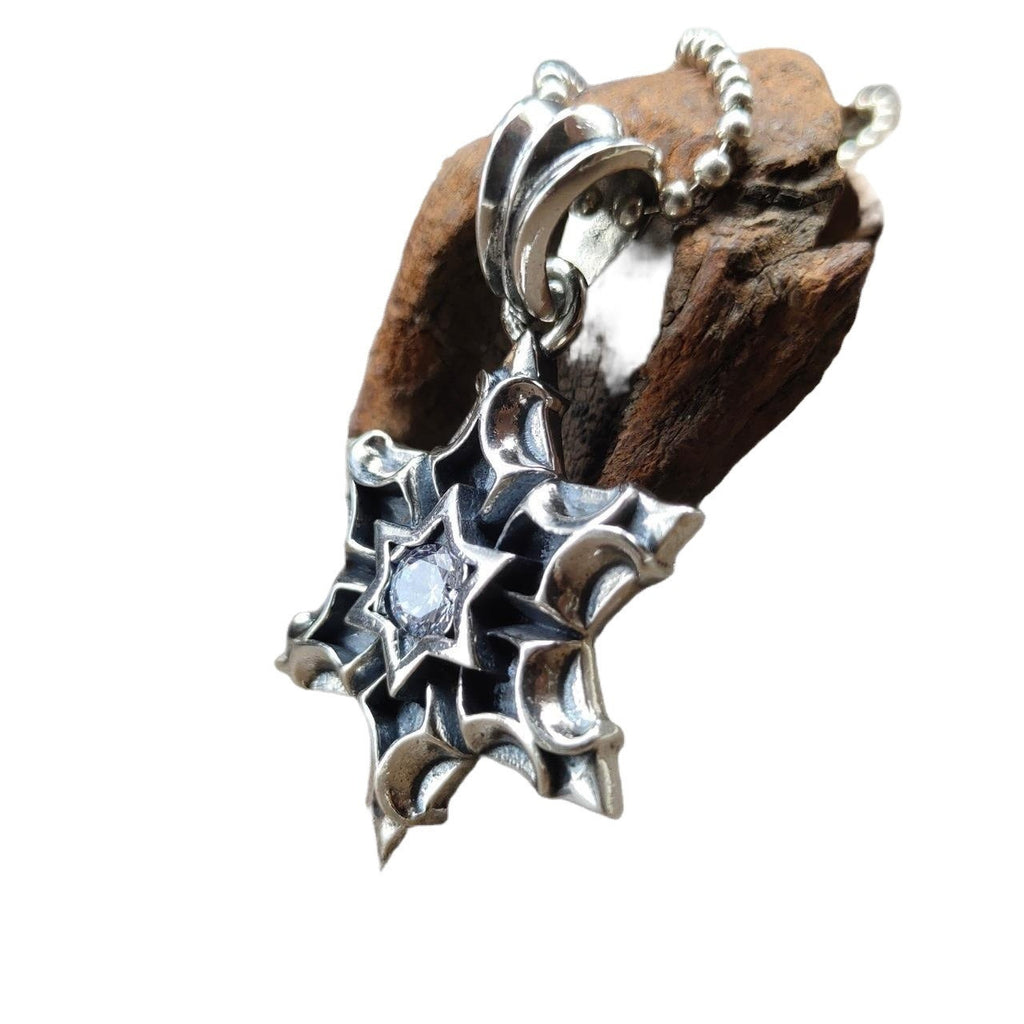 Gothic Six Star Pendant – Luxury Dark Silver Necklace | T&P Dark Line