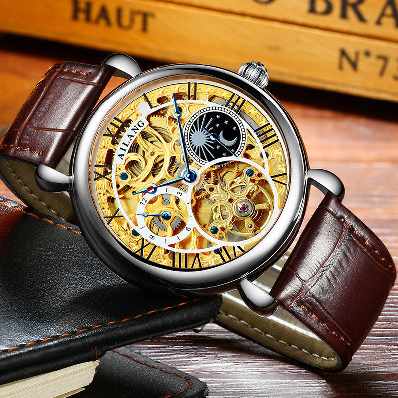 Luxury Skeleton Automatic Mechanical Watch – Gold Hollow Design with Leather Strap