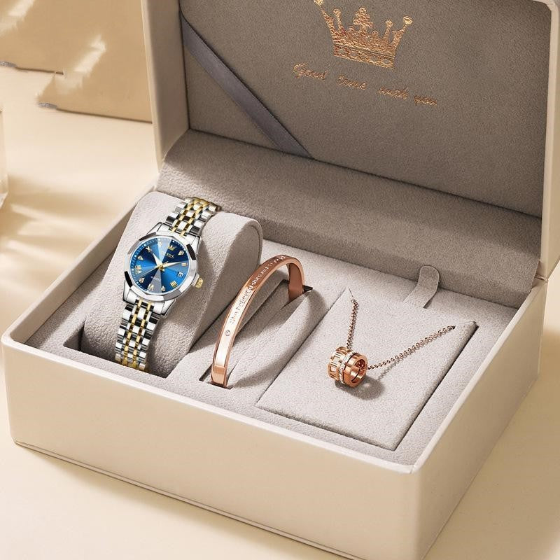 Luxury Quartz Women’s Watch Gift Box – Elegant 3-in-1 Jewelry Set