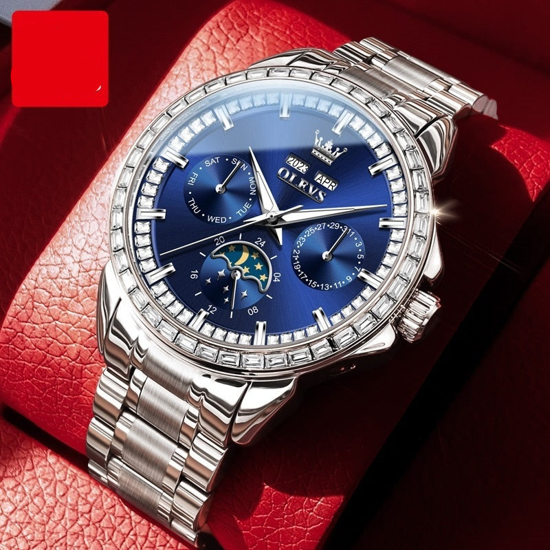 Luxury Blue Dial Diamond-Embedded Automatic Watch – Moon Phase Multifunction Mechanical