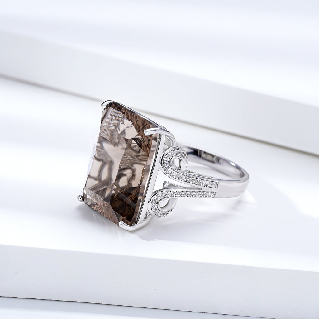 Luxury Natural Tea Crystal Ring – 925 Sterling Silver Geometric Smoky Gemstone Design