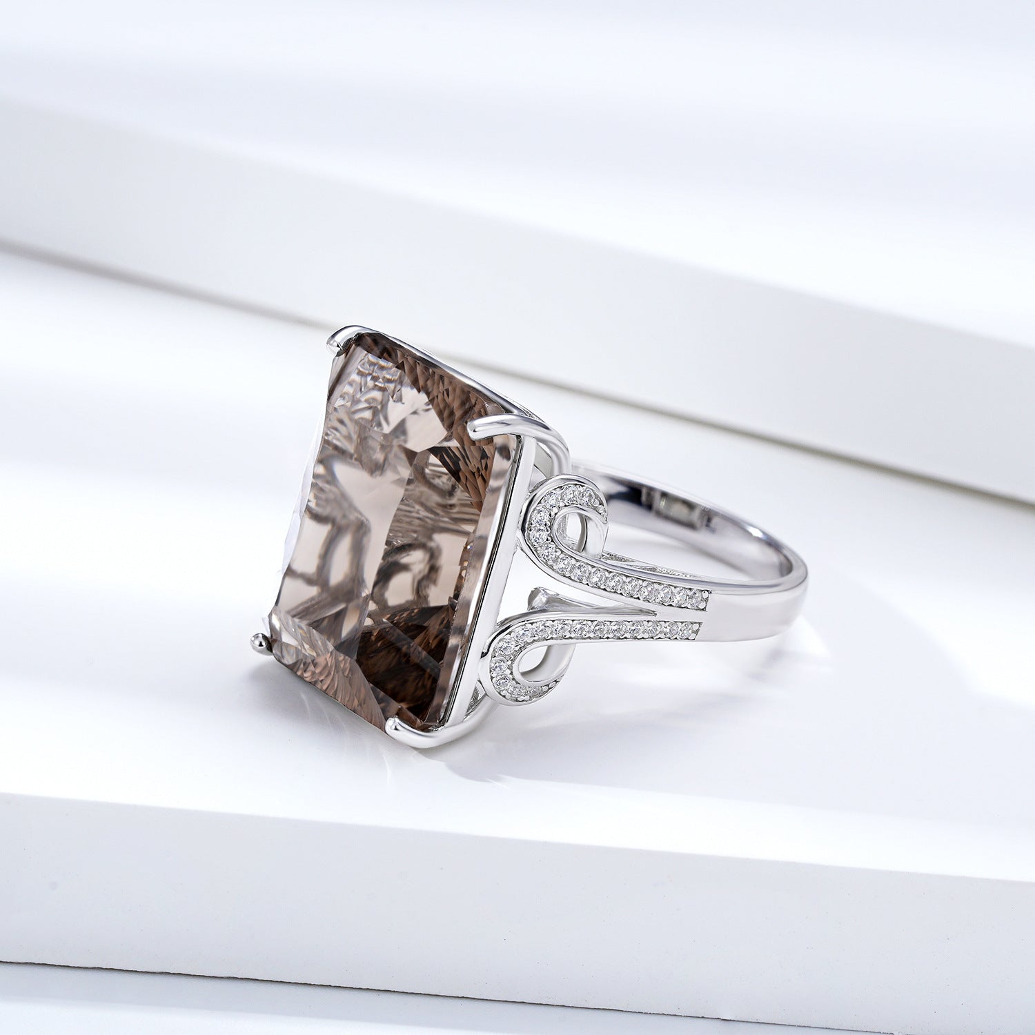 Luxury Natural Tea Crystal Ring – 925 Sterling Silver Geometric Smoky Gemstone Design