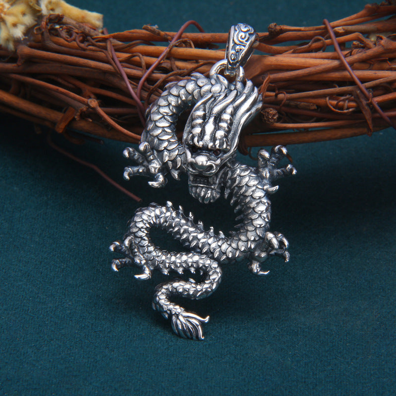 S925 Sterling Silver Zodiac Dragon Pendant Men's Retro Distressed