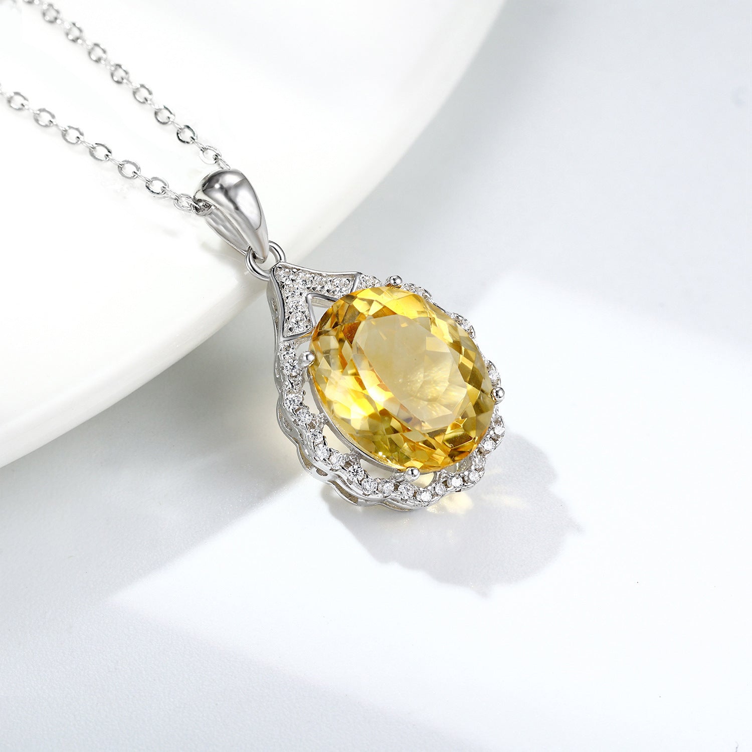 Luxury Drop-Shaped Yellow Topaz Necklace – 925 Sterling Silver & Platinum Finish Pendant