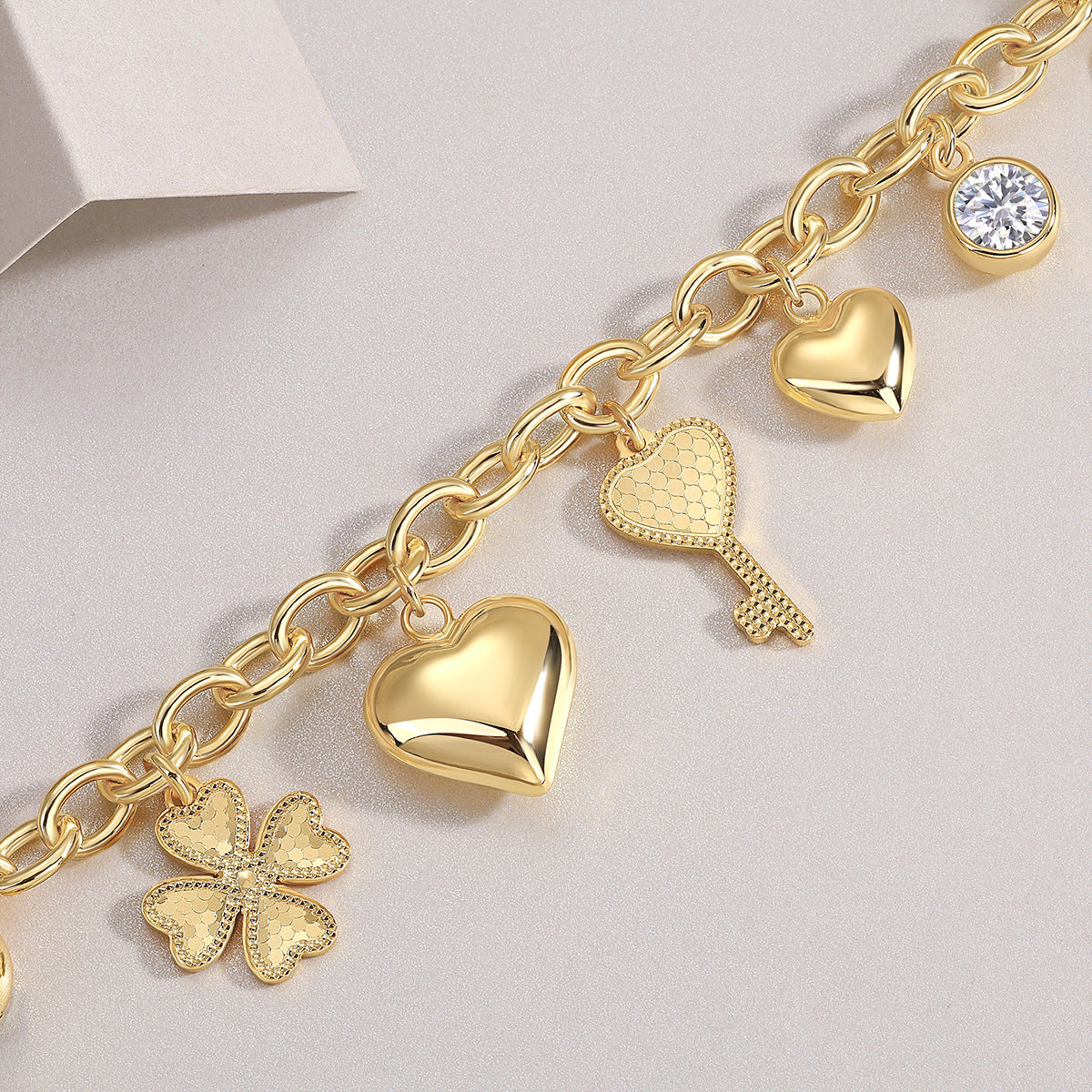 Luxury Moissanite Charm Bracelet – Gold-Plated Heart, Key & Clover Jewelry for Women