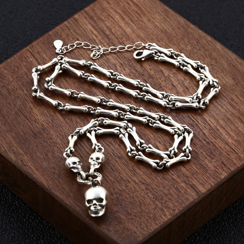 925 Silver Bone Chain Necklace – Unisex Skull Design | T&P Dark Line