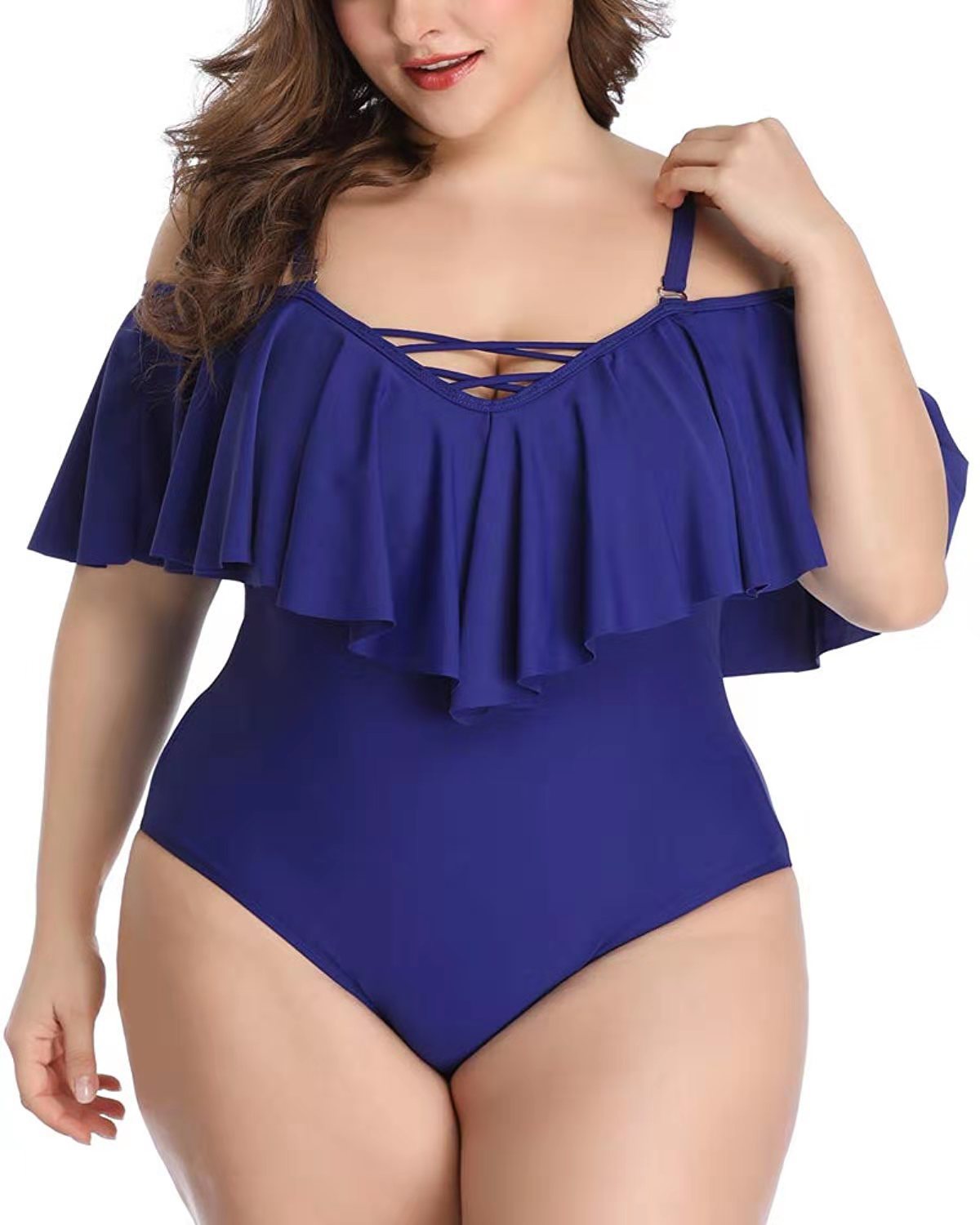 T&P CurveRuffle One-Piece – Plus-Size Slimming Off-Shoulder Swimsuit