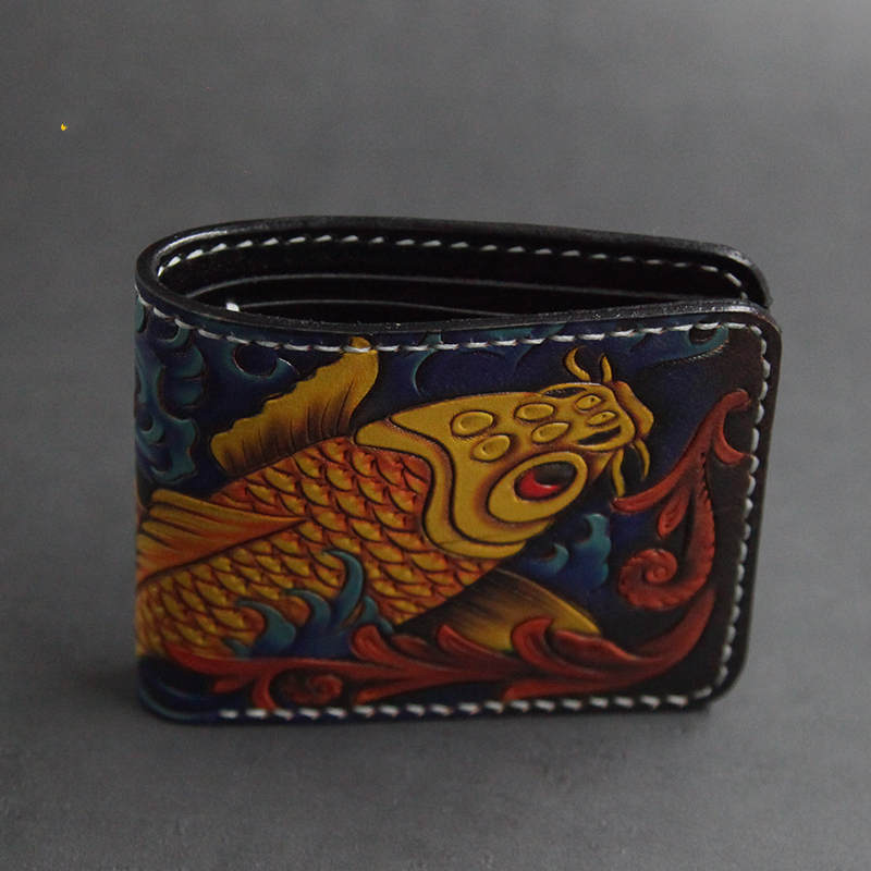 Handcrafted Skull & Koi Leather Wallet – Artistic Short Style Cowhide