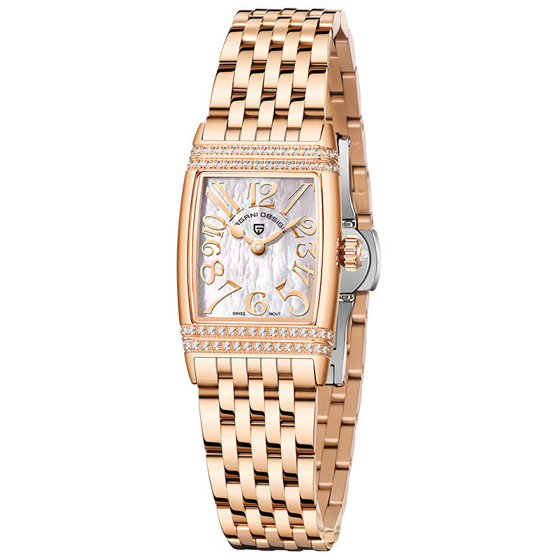 Luxury Women’s Rose Gold Diamond-Inspired Quartz Watch – Elegant Shell Face Design