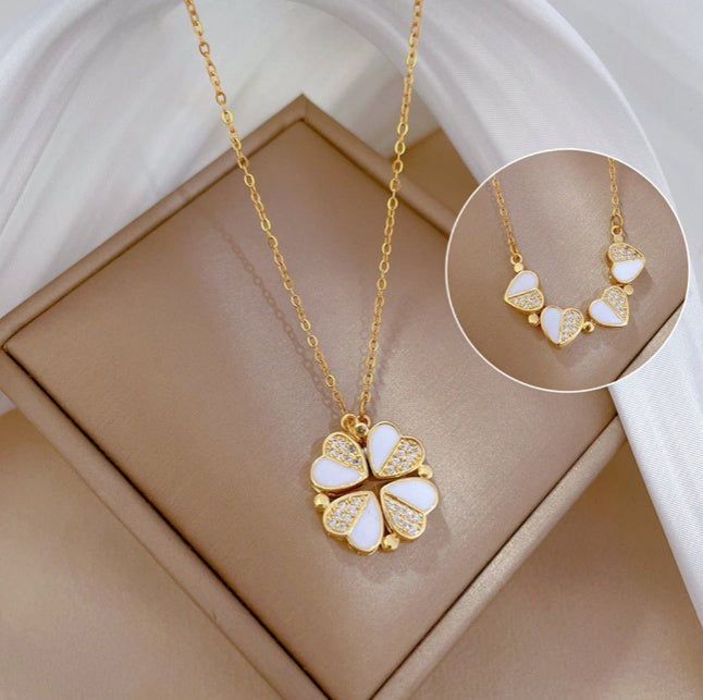 Luxury Four-Leaf Clover Pendant Necklace – Stainless Steel & Crystal Heart Jewelry for Women