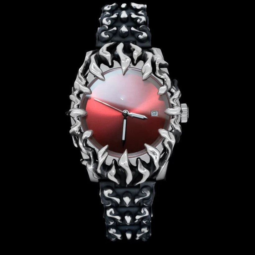 Luxury Gothic Flame Collector’s Watch – Avant-Garde Stainless Steel Statement Timepiece