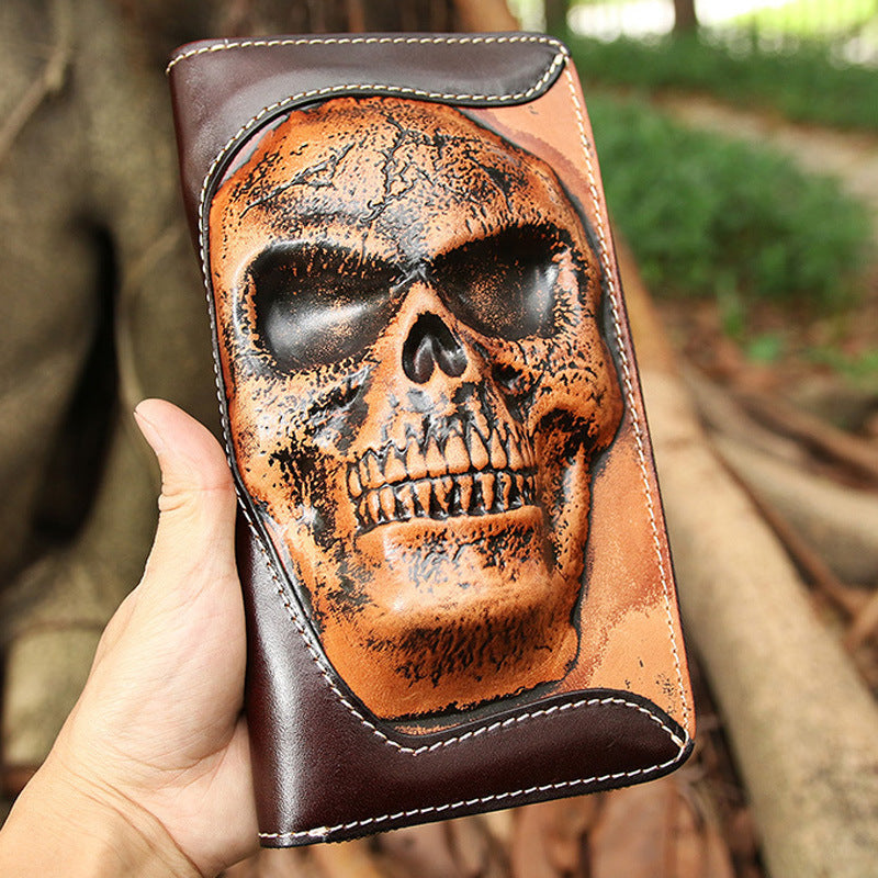 Cowhide Skull Leather Wallet – Men’s Gothic Zipper Clutch