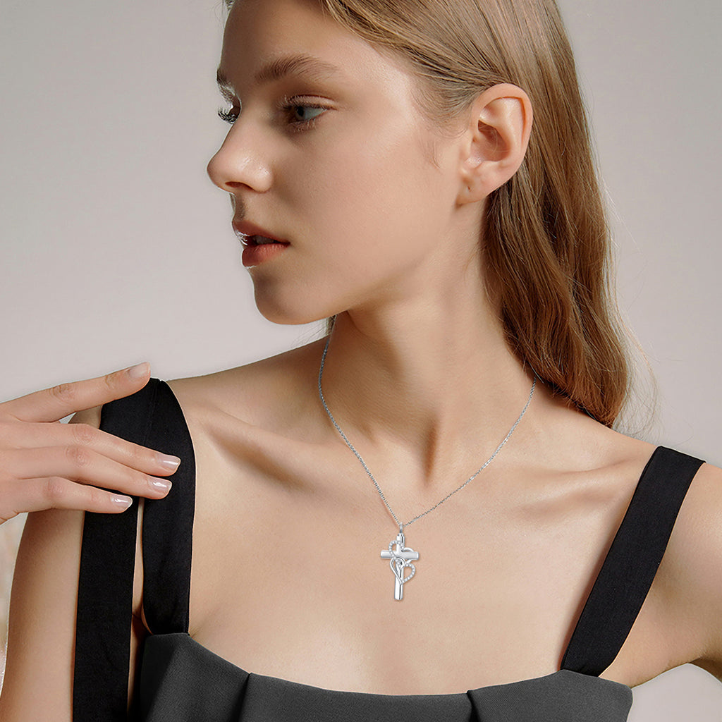 Memorial Cross Heart Pendant Necklace – S925 Sterling Silver Keepsake Jewelry for Ashes & Remembrance