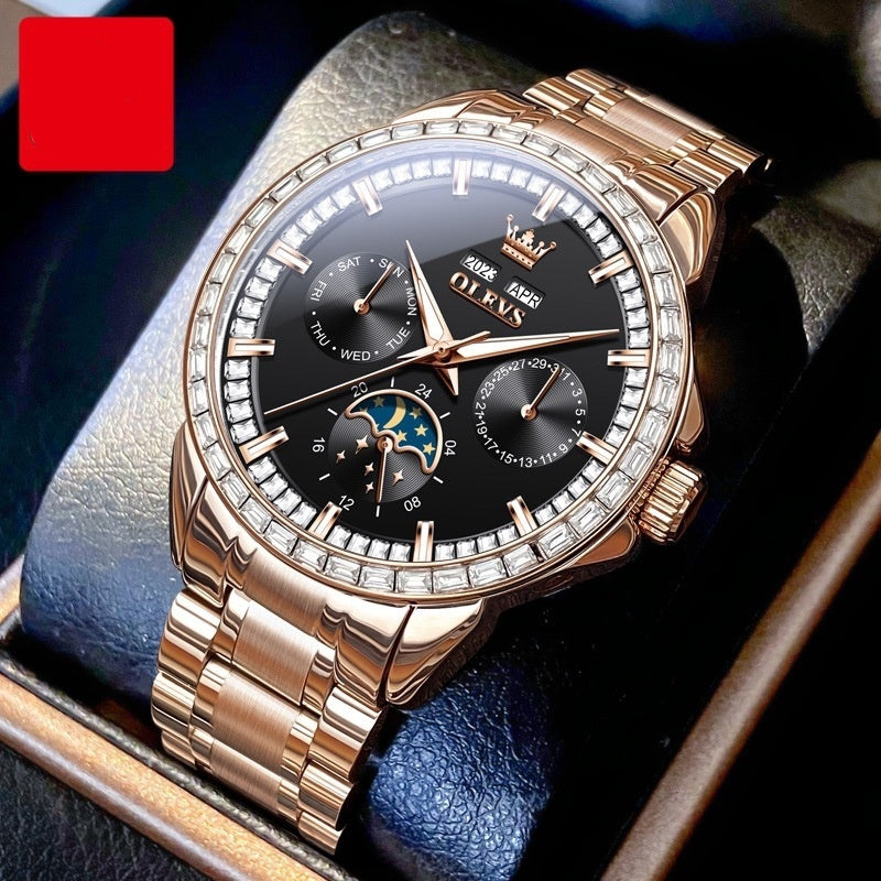 Luxury Blue Dial Diamond-Embedded Automatic Watch – Moon Phase Multifunction Mechanical