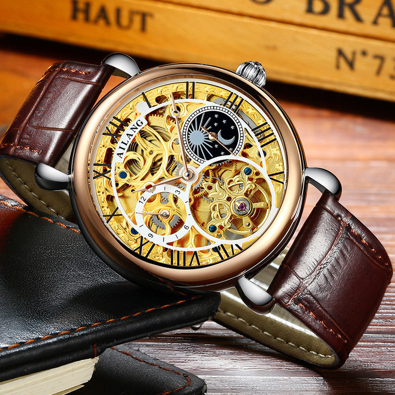 Luxury Skeleton Automatic Mechanical Watch – Gold Hollow Design with Leather Strap