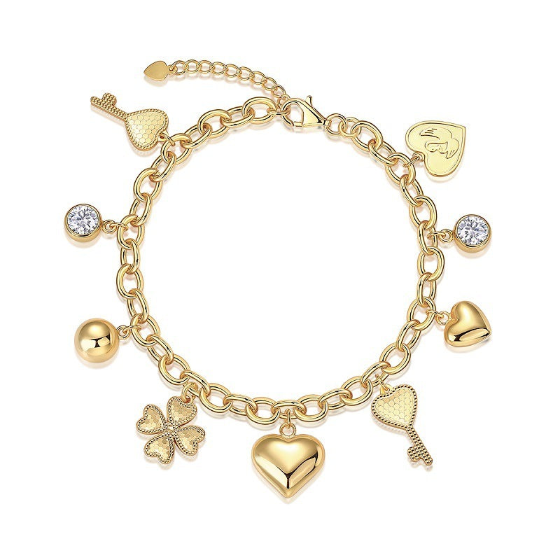 Luxury Moissanite Charm Bracelet – Gold-Plated Heart, Key & Clover Jewelry for Women