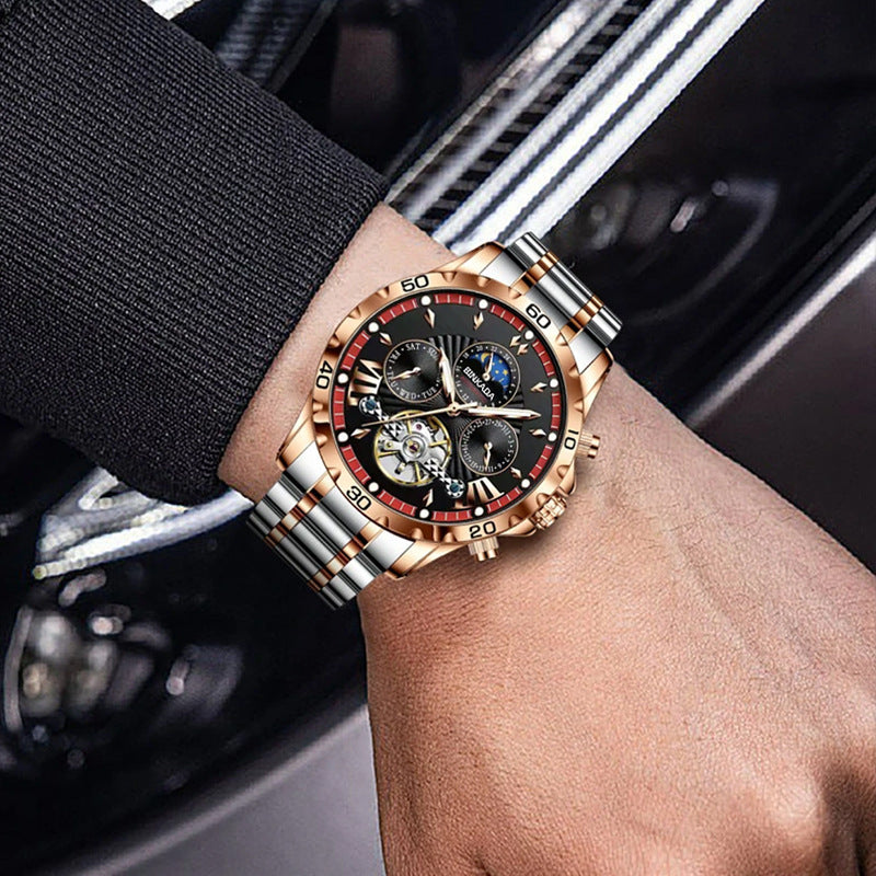 Luxury Rose Gold Automatic Skeleton Chronograph Watch – Waterproof Multi-Function Design