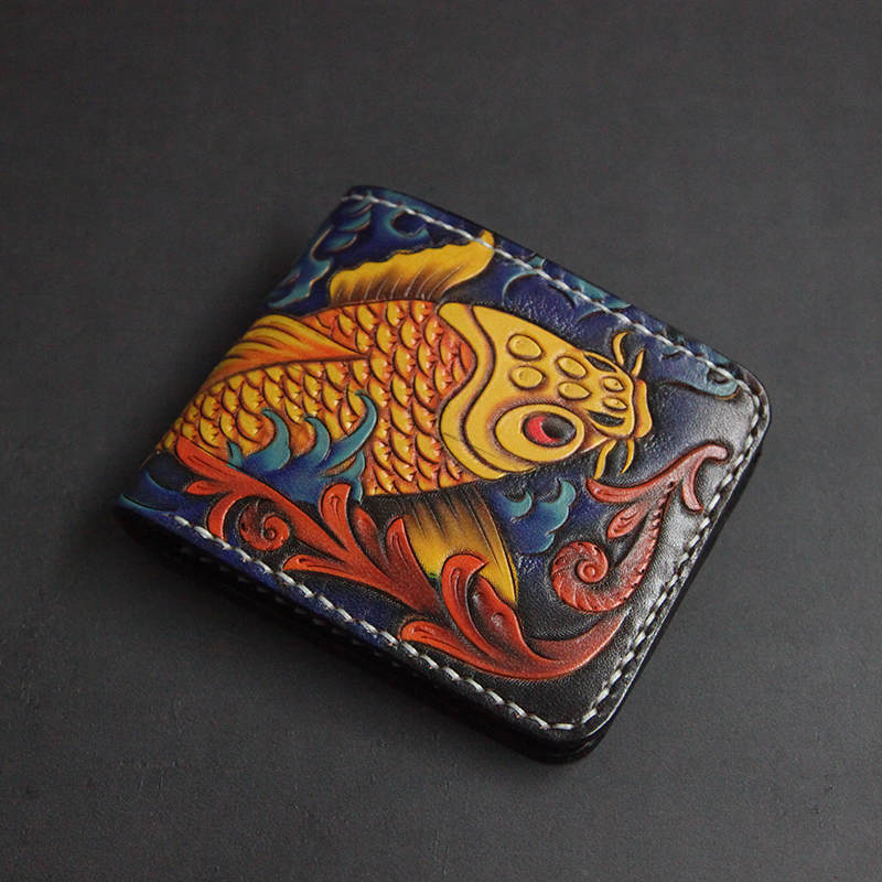 Handcrafted Skull & Koi Leather Wallet – Artistic Short Style Cowhide