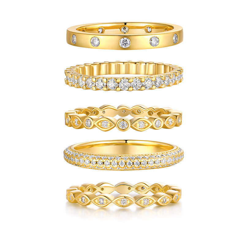 Starlight Golden Melody – 5-Piece Luxury Moissanite Ring Set (925 Silver Gold-Plated)