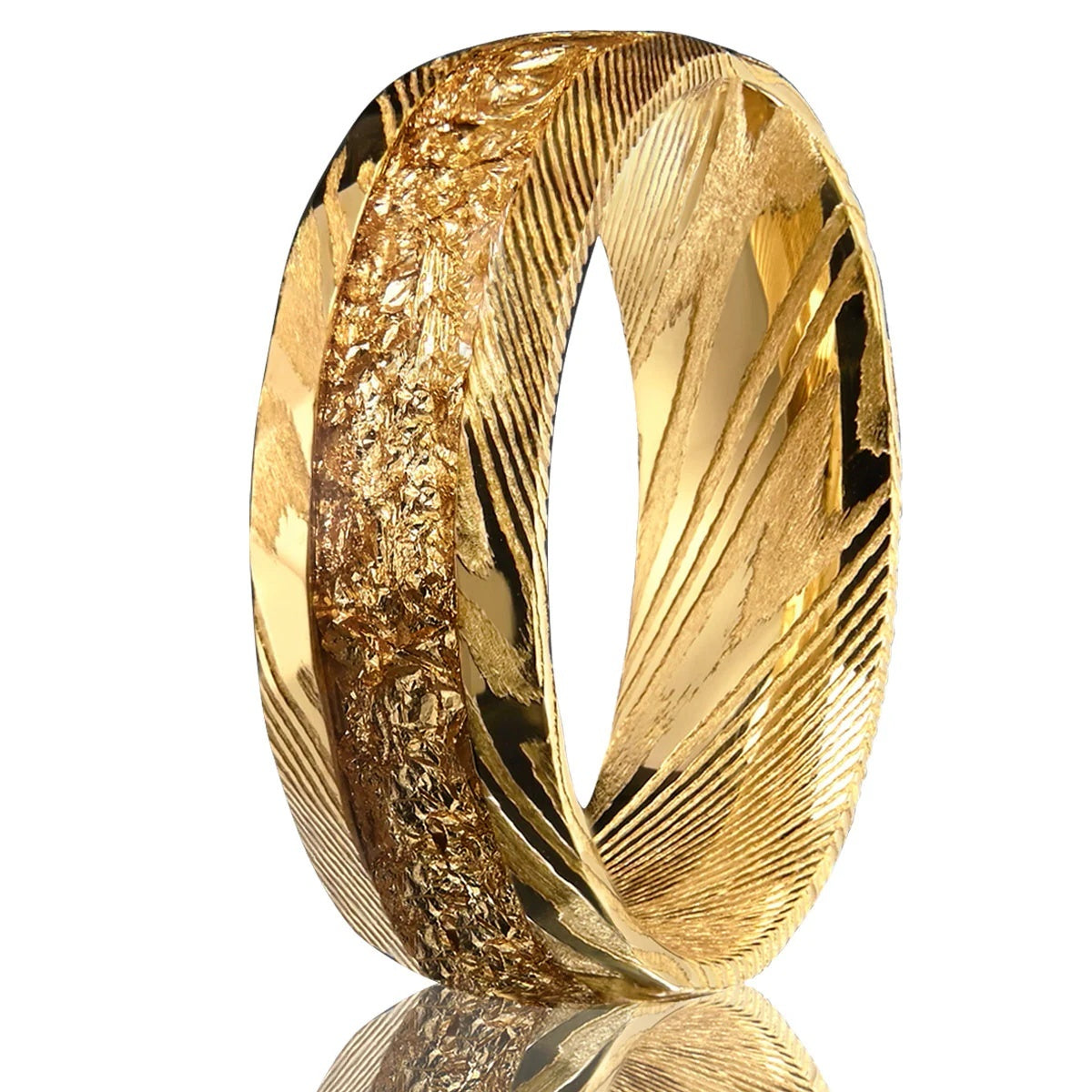 Luxury Damascus Steel Gold Foil Inlaid Ring – Men’s Statement Jewelry