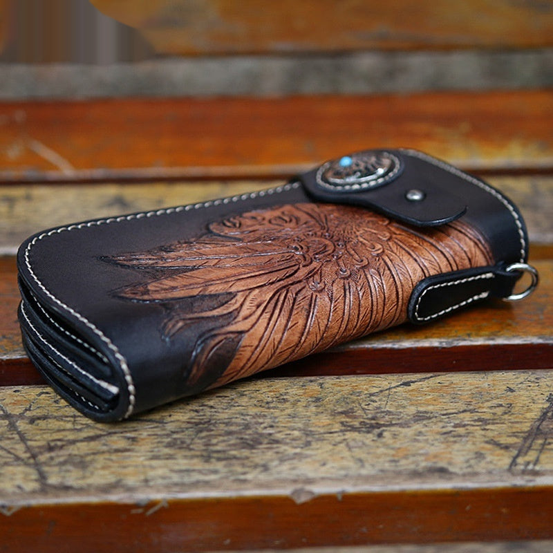 Western Biker Leather Wallet with Chain – Hand-Carved Cowhide Long Style