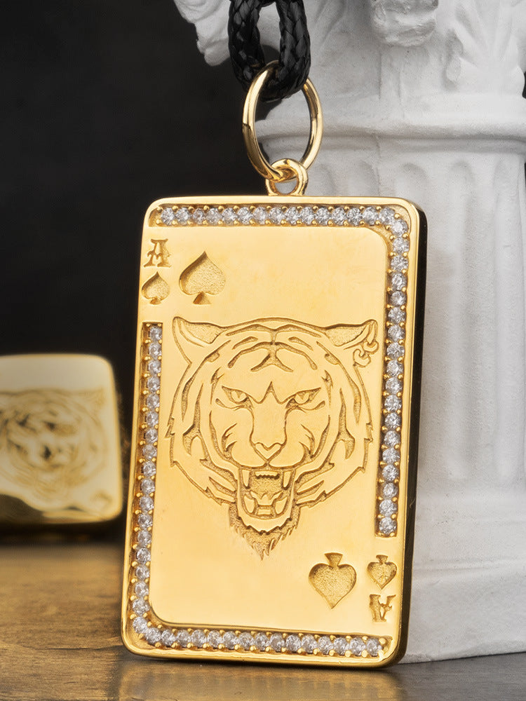 ♠️ King of Spades Tiger Pendant – 925 Sterling Silver / 18K Gold Finish