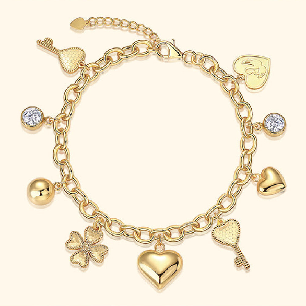Luxury Moissanite Charm Bracelet – Gold-Plated Heart, Key & Clover Jewelry for Women