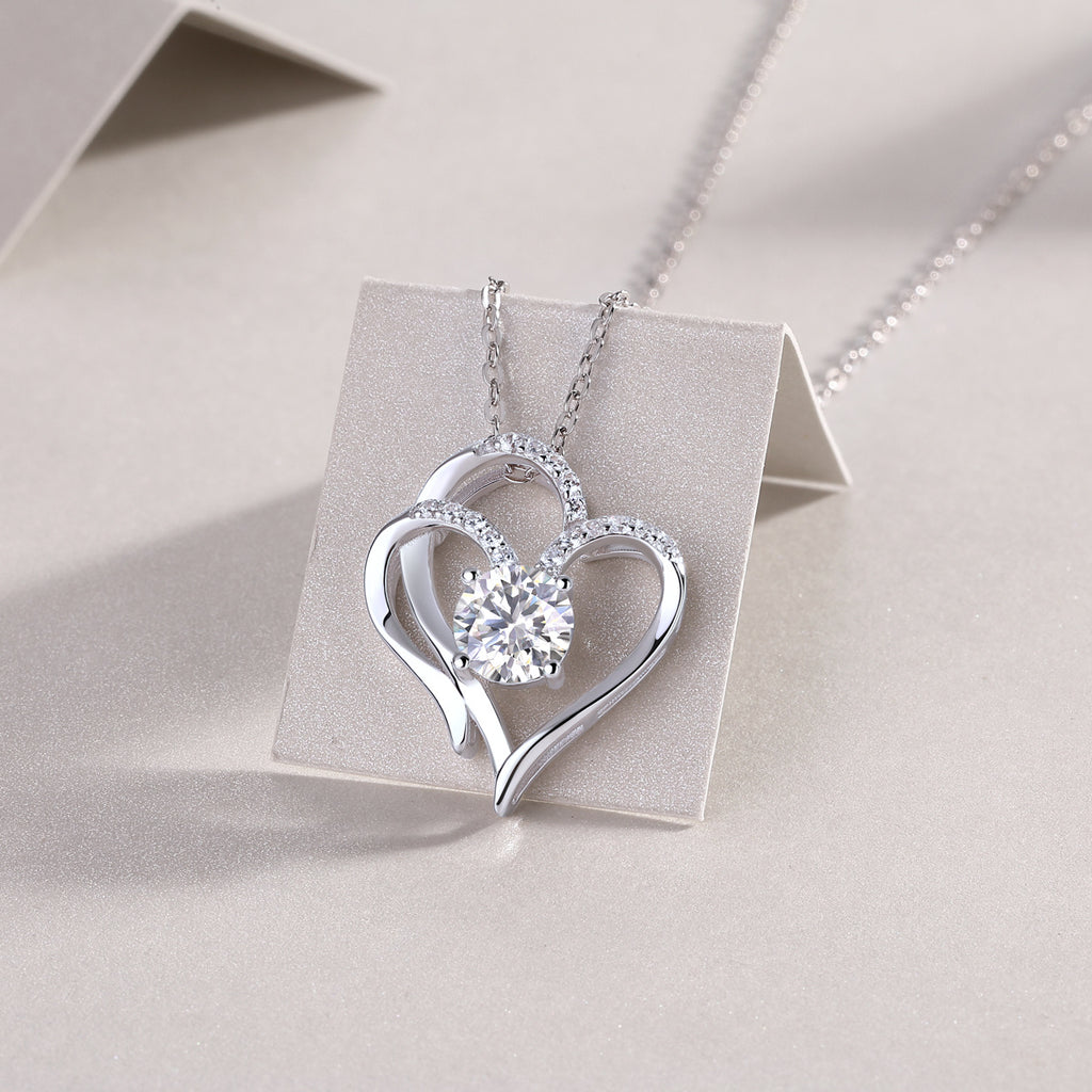 Heart to Heart Necklace – 1 Carat Moissanite Pendant in Platinum 925 Silver