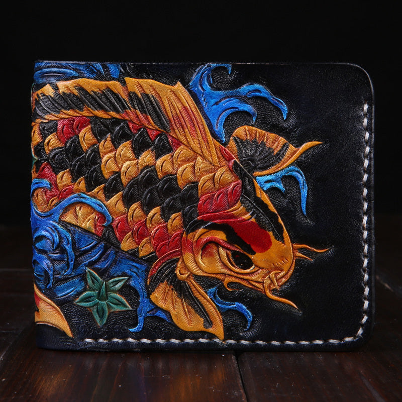 Handcrafted Artistic Leather Wallet – Koi Fish Carving Design