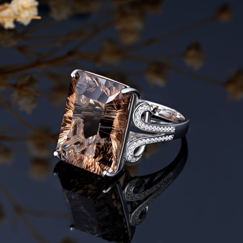 Luxury Natural Tea Crystal Ring – 925 Sterling Silver Geometric Smoky Gemstone Design