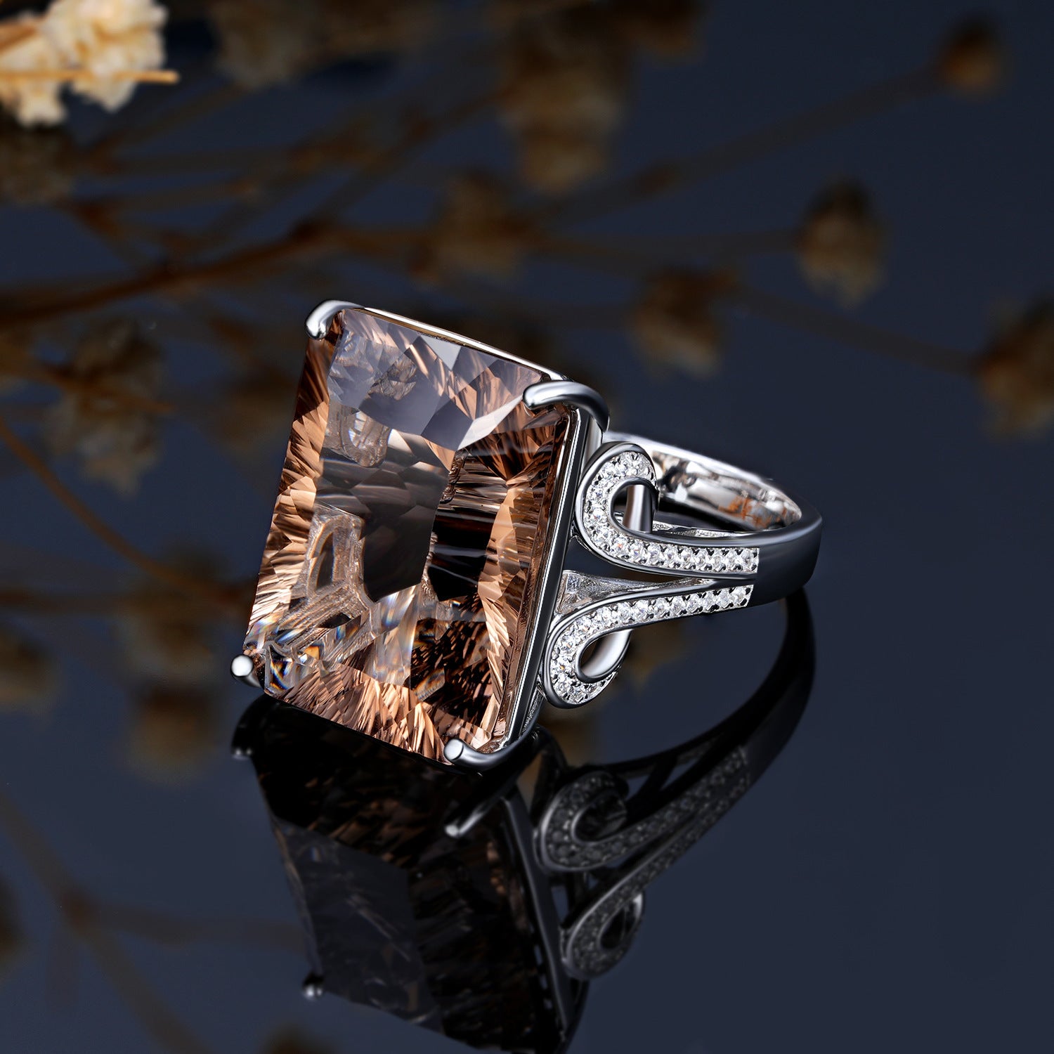 Luxury Natural Tea Crystal Ring – 925 Sterling Silver Geometric Smoky Gemstone Design