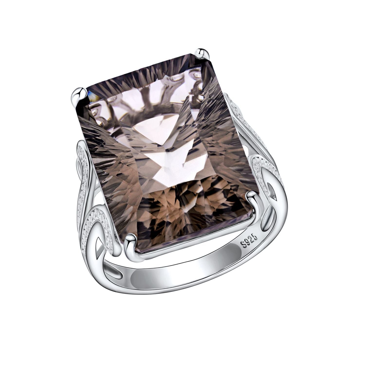 Luxury Natural Tea Crystal Ring – 925 Sterling Silver Geometric Smoky Gemstone Design