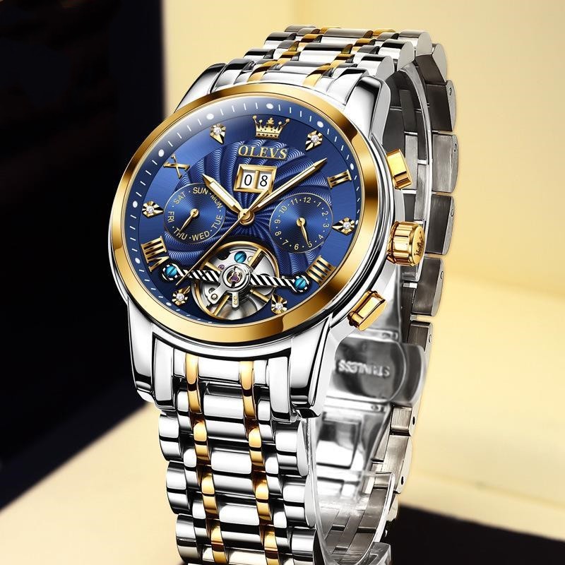 Luxury Business Automatic Mechanical Watch – Blue Dial & Gold Accents