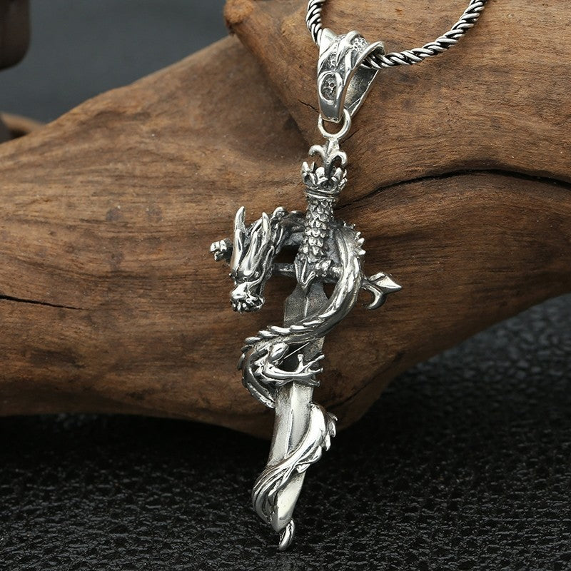 S925 Silver Dragon & Sword Cross Pendant – Warrior Spirit Edition | T&P Men’s Collection