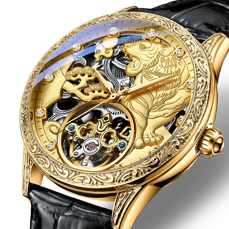 Luxury Gold Lion Relief Automatic Skeleton Watch – Prestige Mechanical Timepiece