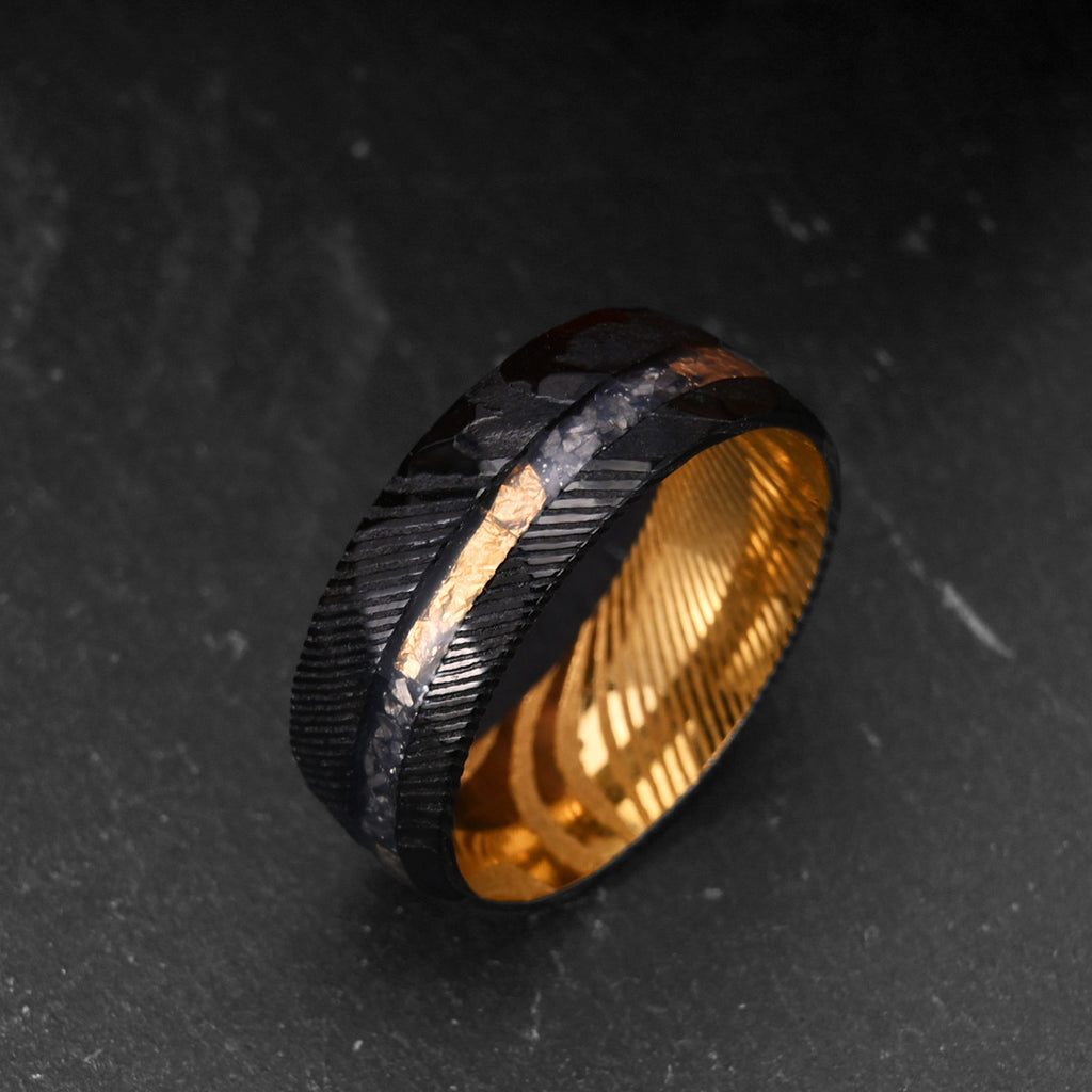 Luxury 8mm Damascus Steel Ring – Two-Tone Black & Gold Men’s Statement Jewelry