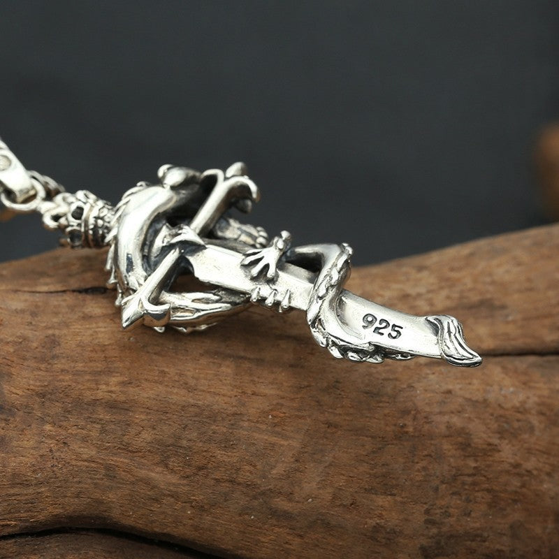 S925 Silver Dragon & Sword Cross Pendant – Warrior Spirit Edition | T&P Men’s Collection