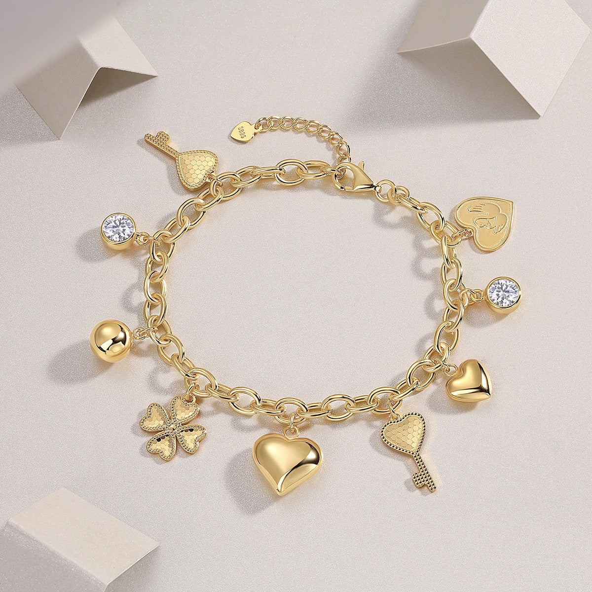 Luxury Moissanite Charm Bracelet – Gold-Plated Heart, Key & Clover Jewelry for Women