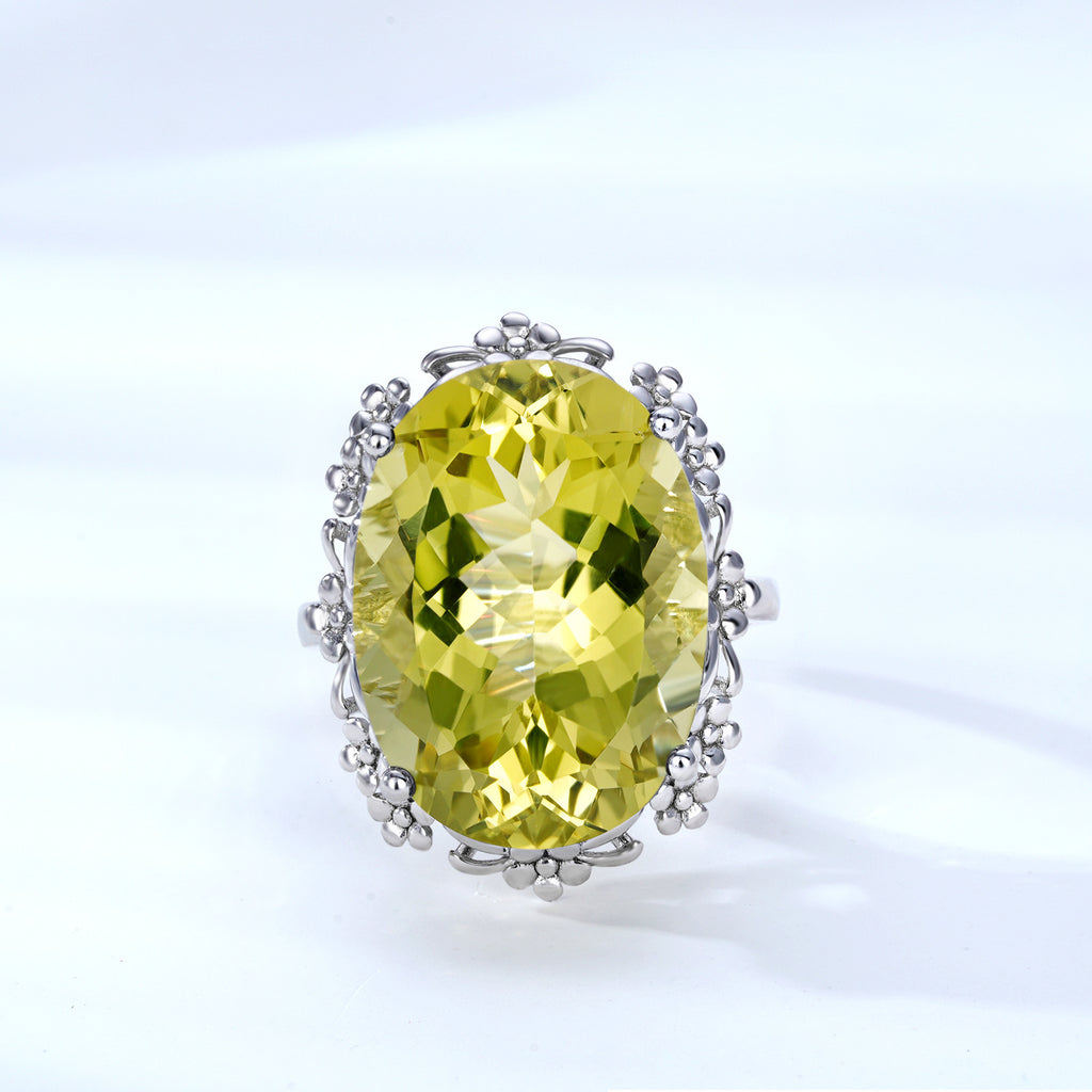 Luxury Natural Lemon Crystal Ring – 925 Sterling Silver Elegant Statement Jewelry