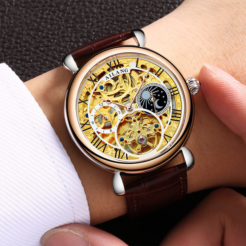 Luxury Skeleton Automatic Mechanical Watch – Gold Hollow Design with Leather Strap