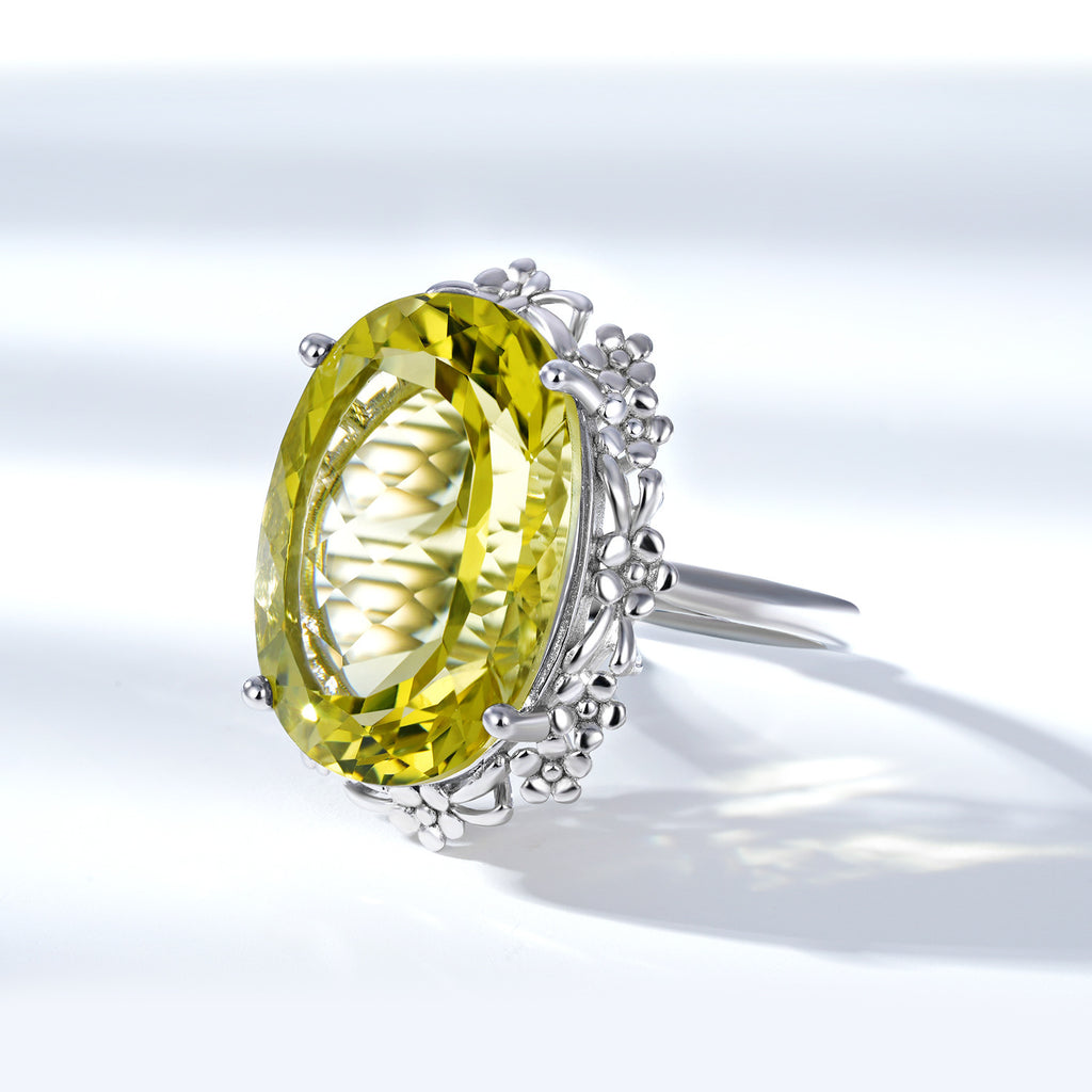 Luxury Natural Lemon Crystal Ring – 925 Sterling Silver Elegant Statement Jewelry