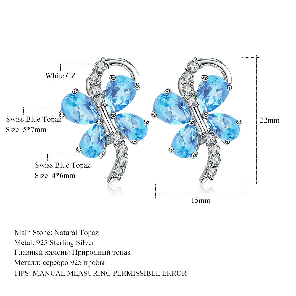 Luxury 925 Sterling Silver Butterfly Earrings – Swiss Blue Topaz & White CZ Gemstones